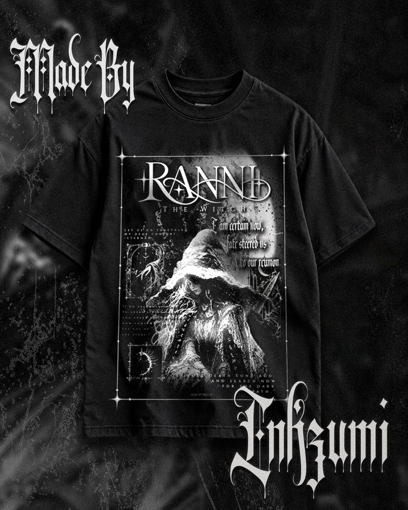 Black heavyweight t-shirt with a grey and white framed print of a hooded witch titled 'Ranni', shown beside the words 'Made by Inkzumi'