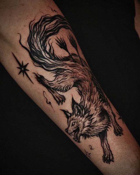 Forearm tattoo of a prowling wolf with a flowing tail and an eight-pointed star